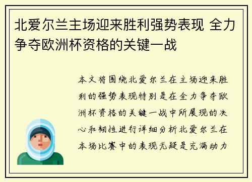 北爱尔兰主场迎来胜利强势表现 全力争夺欧洲杯资格的关键一战