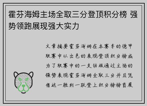 霍芬海姆主场全取三分登顶积分榜 强势领跑展现强大实力