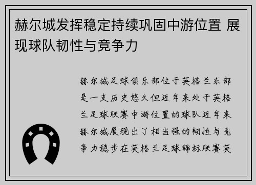 赫尔城发挥稳定持续巩固中游位置 展现球队韧性与竞争力