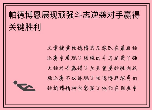 帕德博恩展现顽强斗志逆袭对手赢得关键胜利