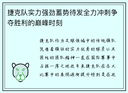 捷克队实力强劲蓄势待发全力冲刺争夺胜利的巅峰时刻