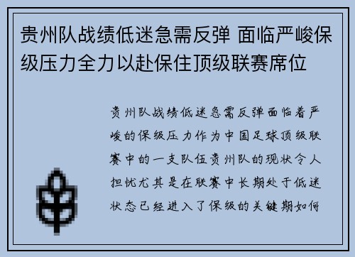 贵州队战绩低迷急需反弹 面临严峻保级压力全力以赴保住顶级联赛席位